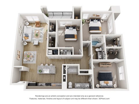 Floor plan for 3 beds, 2 baths, 1402 sqft
